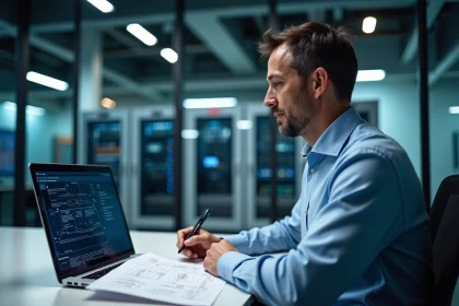 Ingénieur homme en bureau moderne examine des schémas techniques