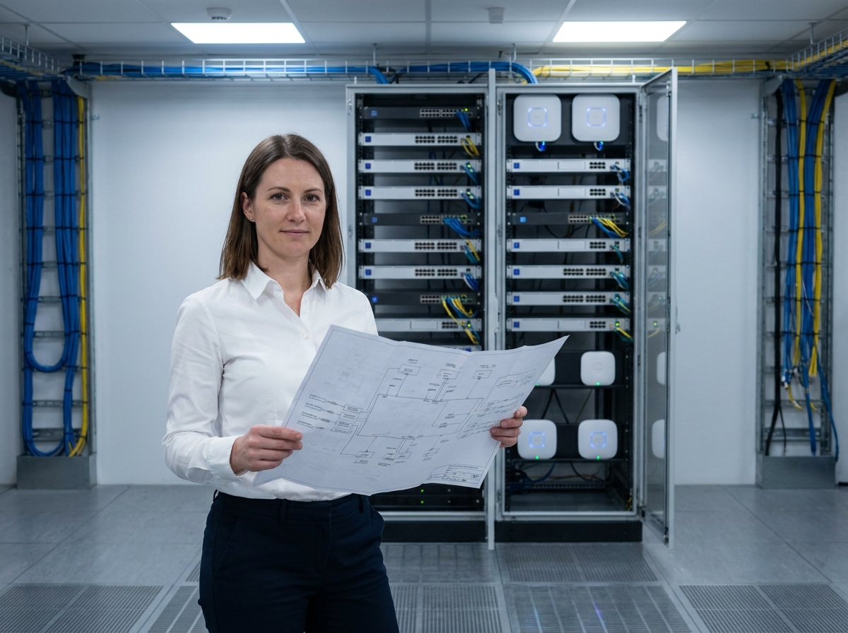 Ingénieure réseau debout devant un rack serveur équipé de bornes Wi-Fi 7 et de commutateurs réseau dans une salle informatique d'entreprise