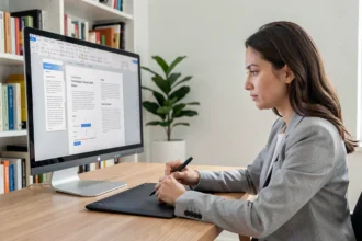 Femme professionnelle insérant une photo dans un document PDF multipage sur un grand écran d'ordinateur dans un bureau moderne
