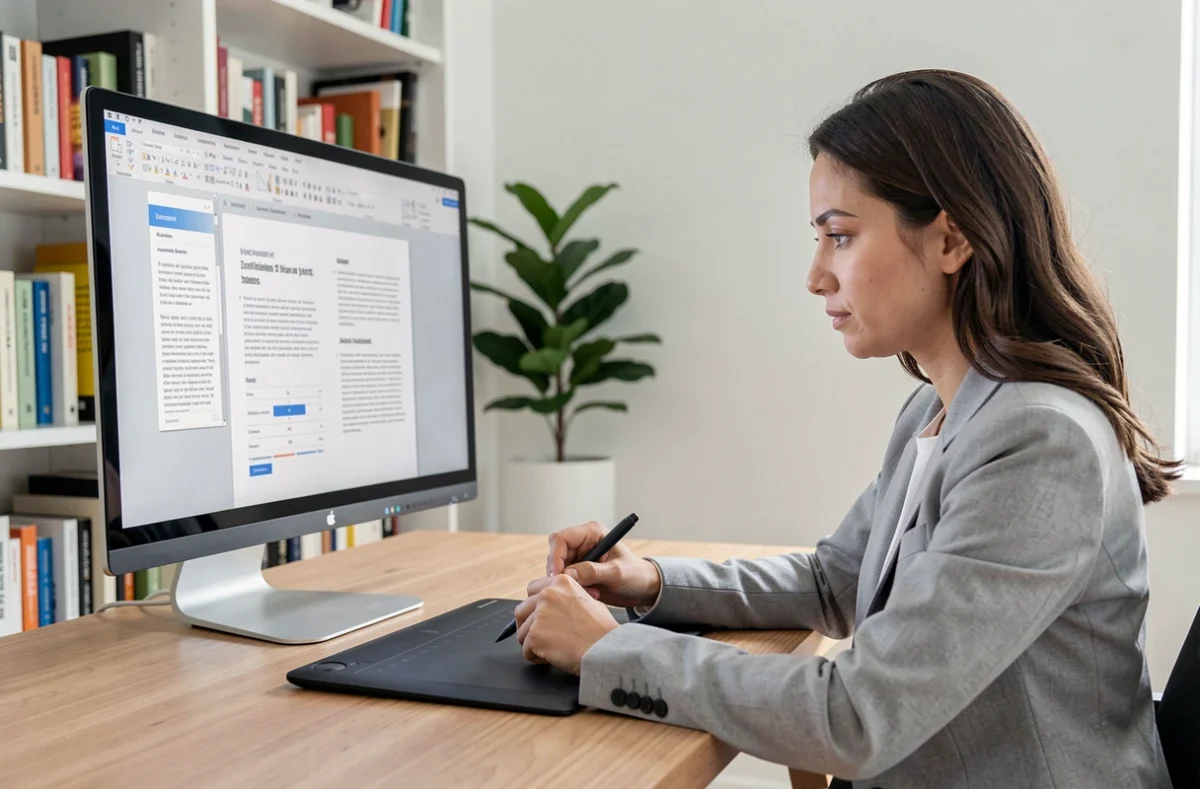 Femme professionnelle insérant une photo dans un document PDF multipage sur un grand écran d'ordinateur dans un bureau moderne