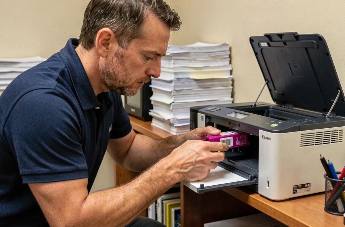 Homme insérant une nouvelle cartouche d'encre magenta dans une imprimante Canon ouverte dans un espace de travail de bureau