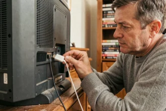 Homme branchant un Chromecast sur le port HDMI d'un ancien téléviseur dans un salon