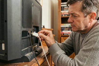 Homme branchant un Chromecast sur le port HDMI d'un ancien téléviseur dans un salon