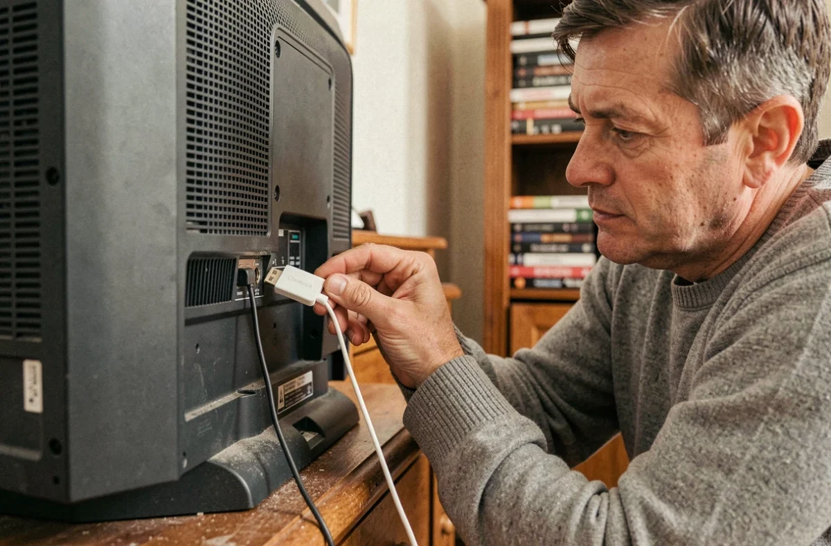 Homme branchant un Chromecast sur le port HDMI d'un ancien téléviseur dans un salon