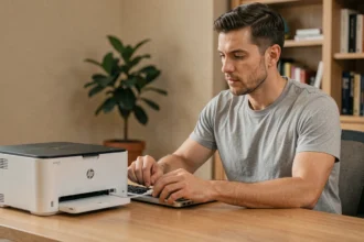 Homme connectant une imprimante HP tout-en-un à un ordinateur portable via câble USB sur un bureau à domicile