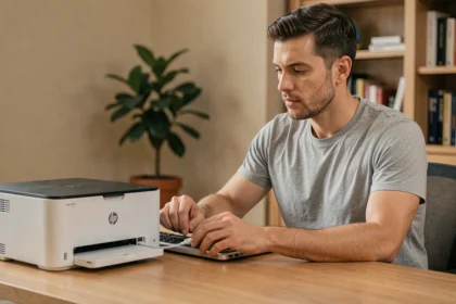 Homme connectant une imprimante HP tout-en-un à un ordinateur portable via câble USB sur un bureau à domicile