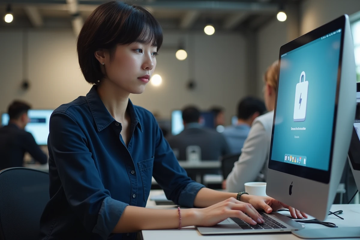 Femme connectant un disque externe USB à un MacBook pour installer une ISO macOS dans un bureau professionnel