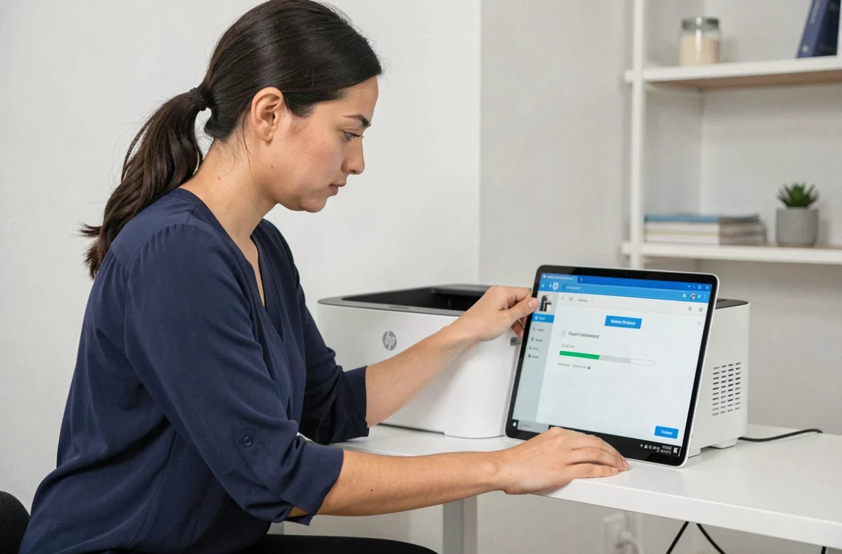 Femme installant les pilotes d'une imprimante HP tout-en-un sur Windows depuis un ordinateur portable