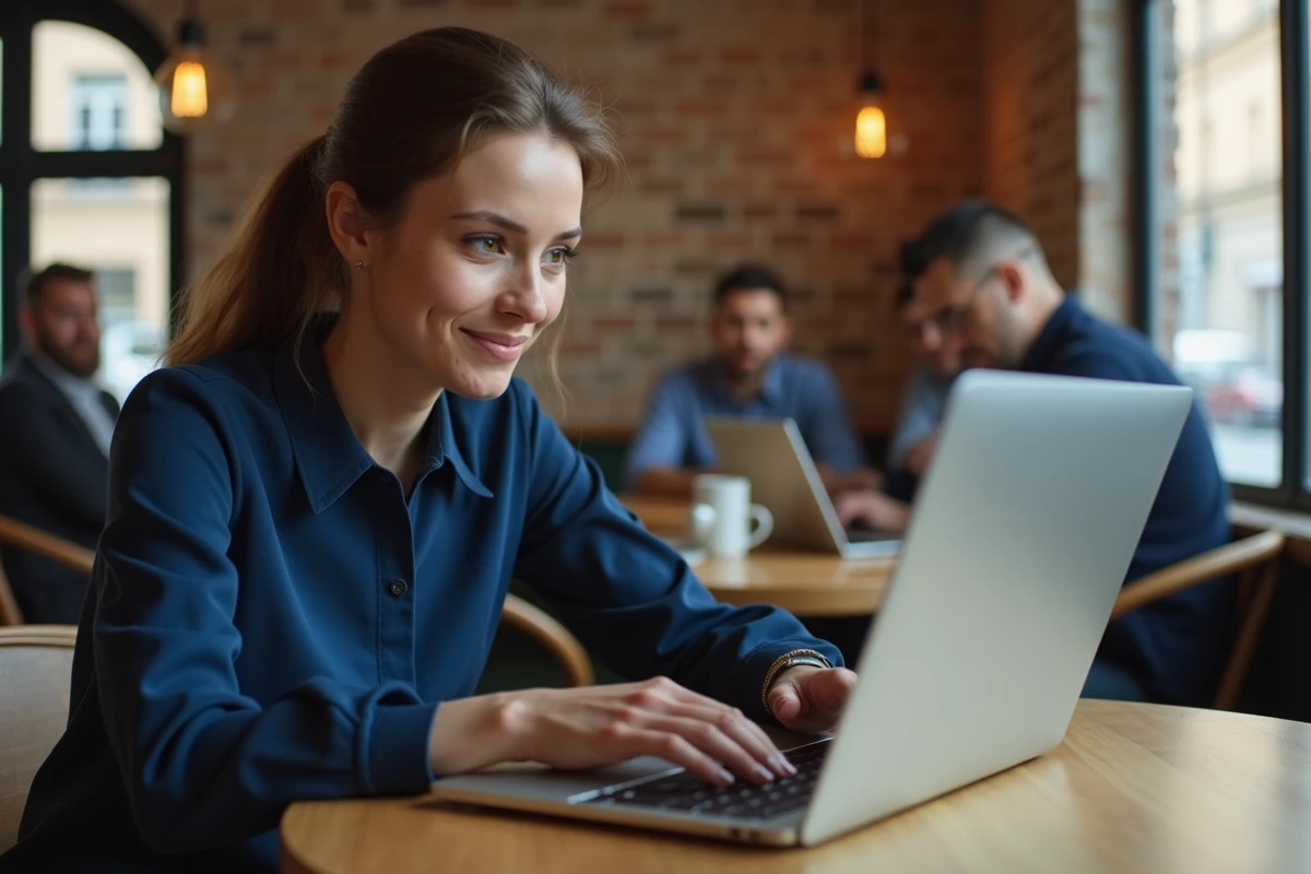 Femme installant Win rare 64 sur son ordinateur portable dans un café moderne