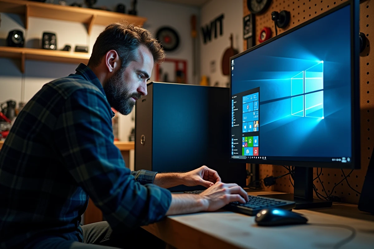 Homme installant Win rare 64 depuis une clé USB sur un ordinateur de bureau dans un atelier