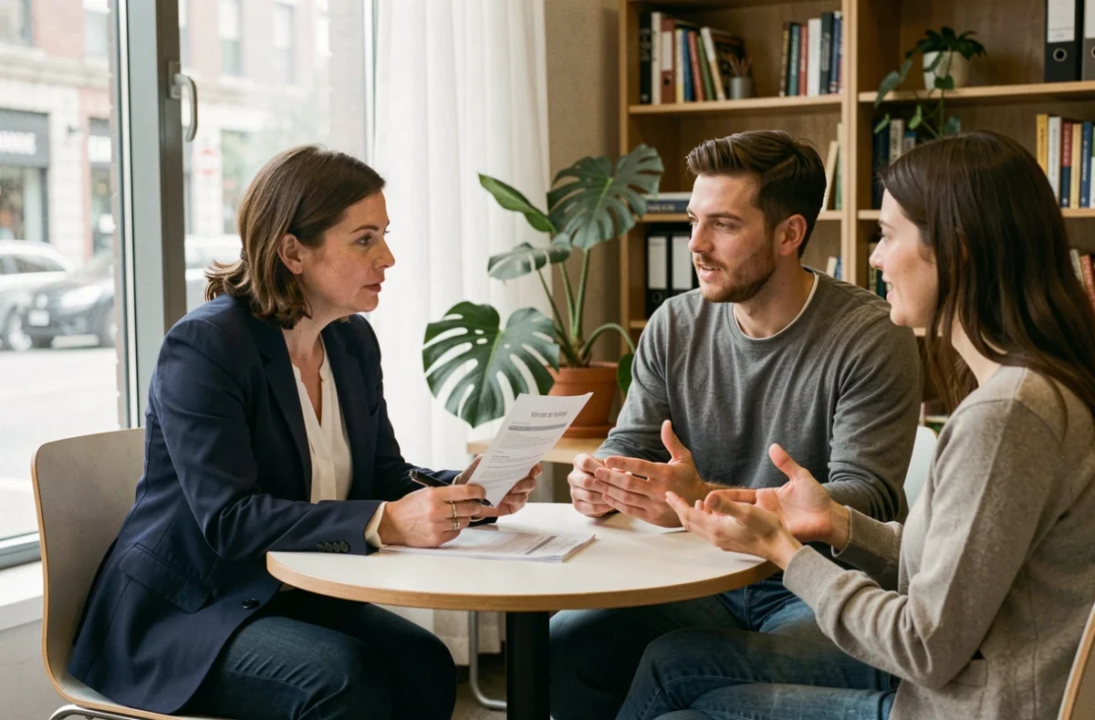 Chef de produit menant un entretien utilisateur pour définir les cas d'usage clés dans un espace de coworking moderne