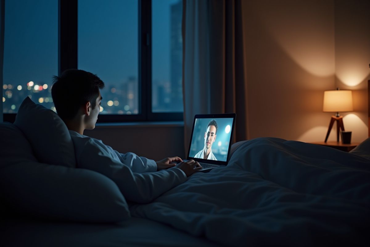 Jeune adulte regardant une série dans une chambre minimaliste