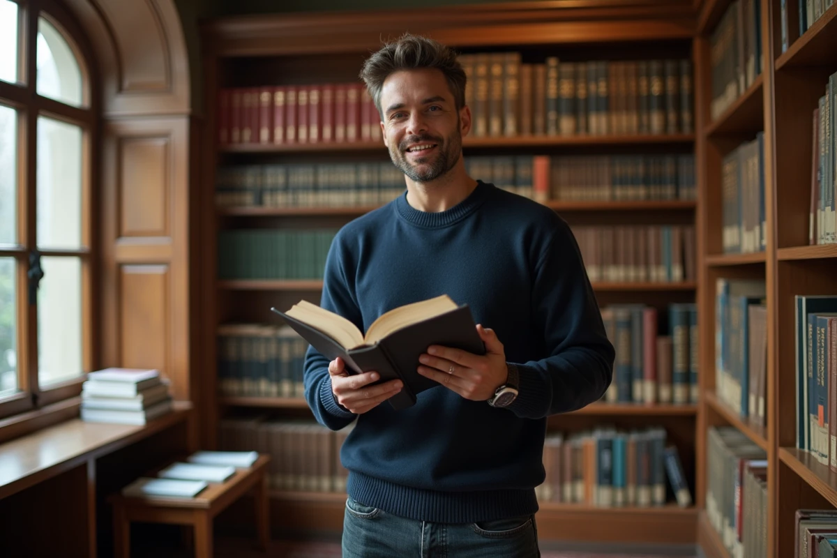 Jeune chercheur tenant un livre dans une bibliothèque universitaire et expliquant un concept intellectuel en évolution