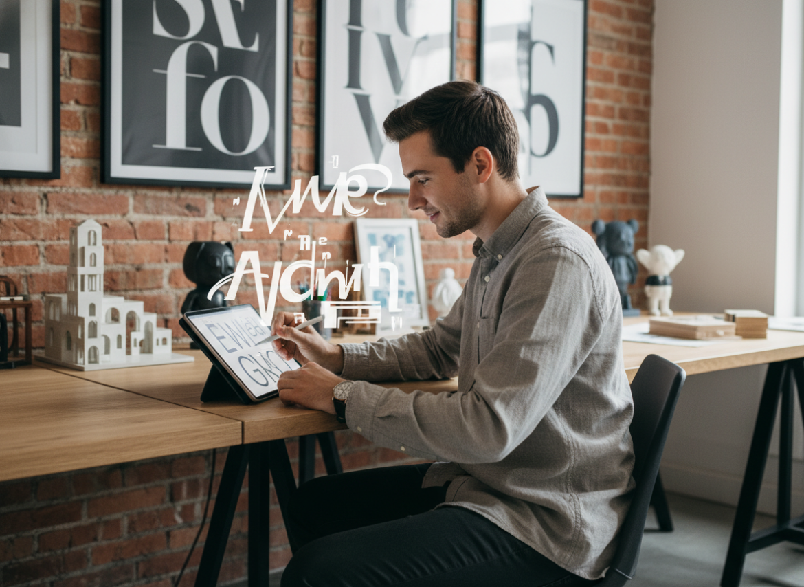 Jeune professionnel créatif esquissant une typographie numérique