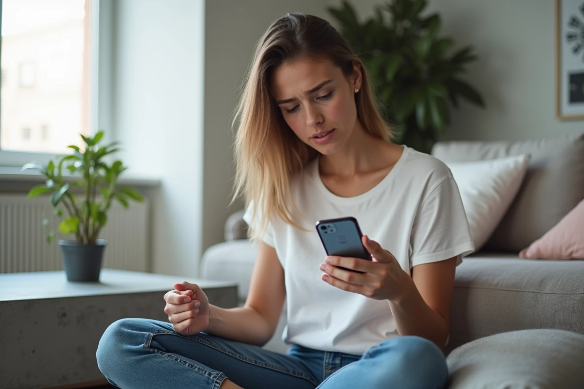 Jeune femme consultant l'application mail laposte.net sur smartphone dans un appartement contemporain