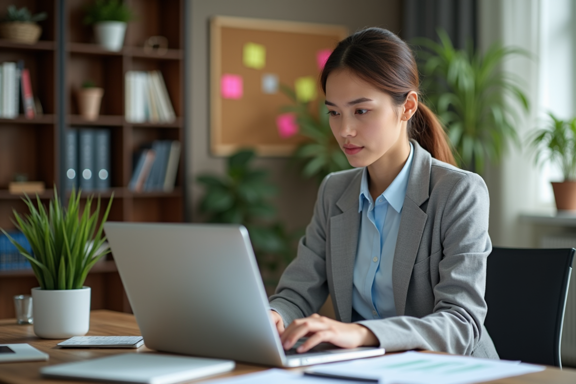 Jeune femme professionnelle travaillant sur un ordinateur dans un bureau moderne