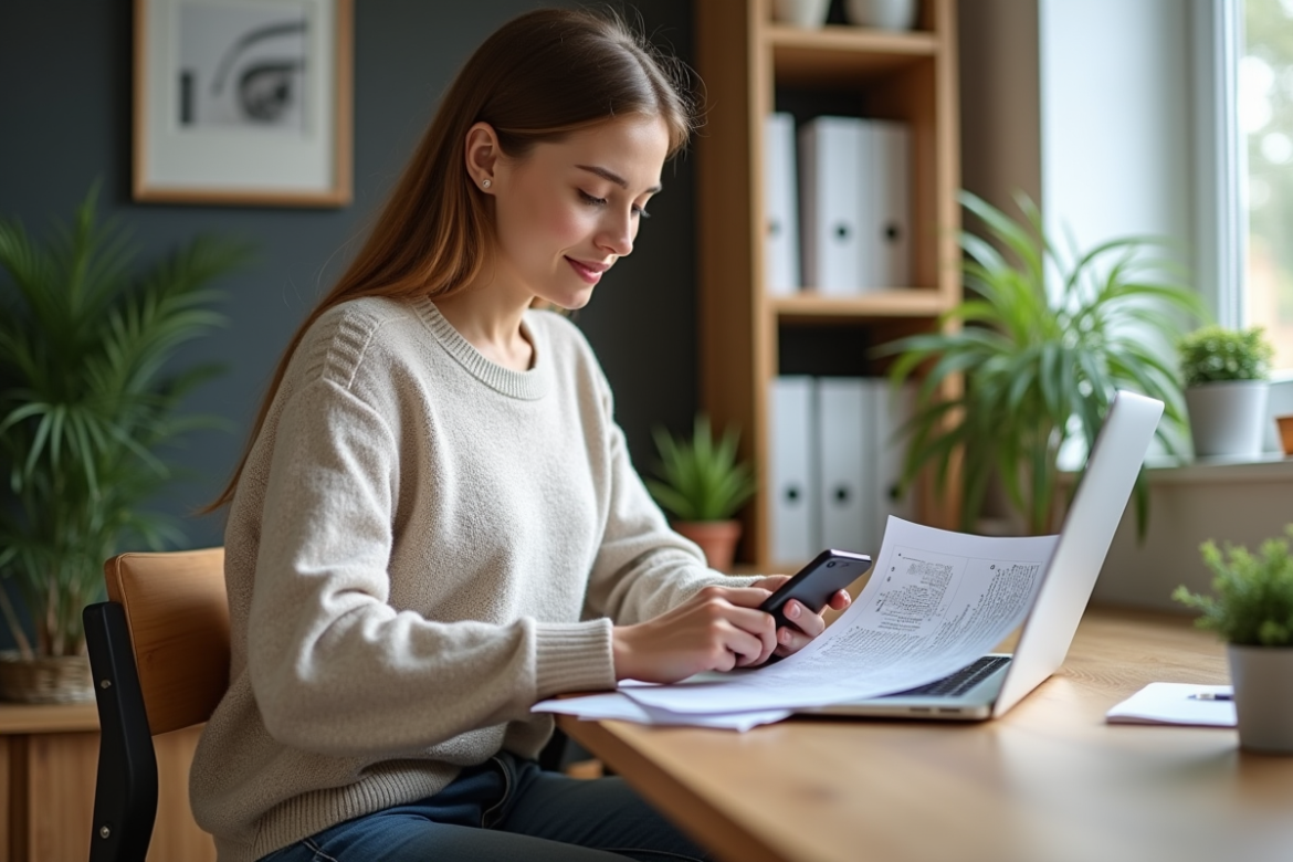 Jeune femme assise à un bureau avec ordinateur et smartphone