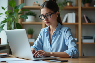 Jeune femme au bureau compare des sites de conversion PDF