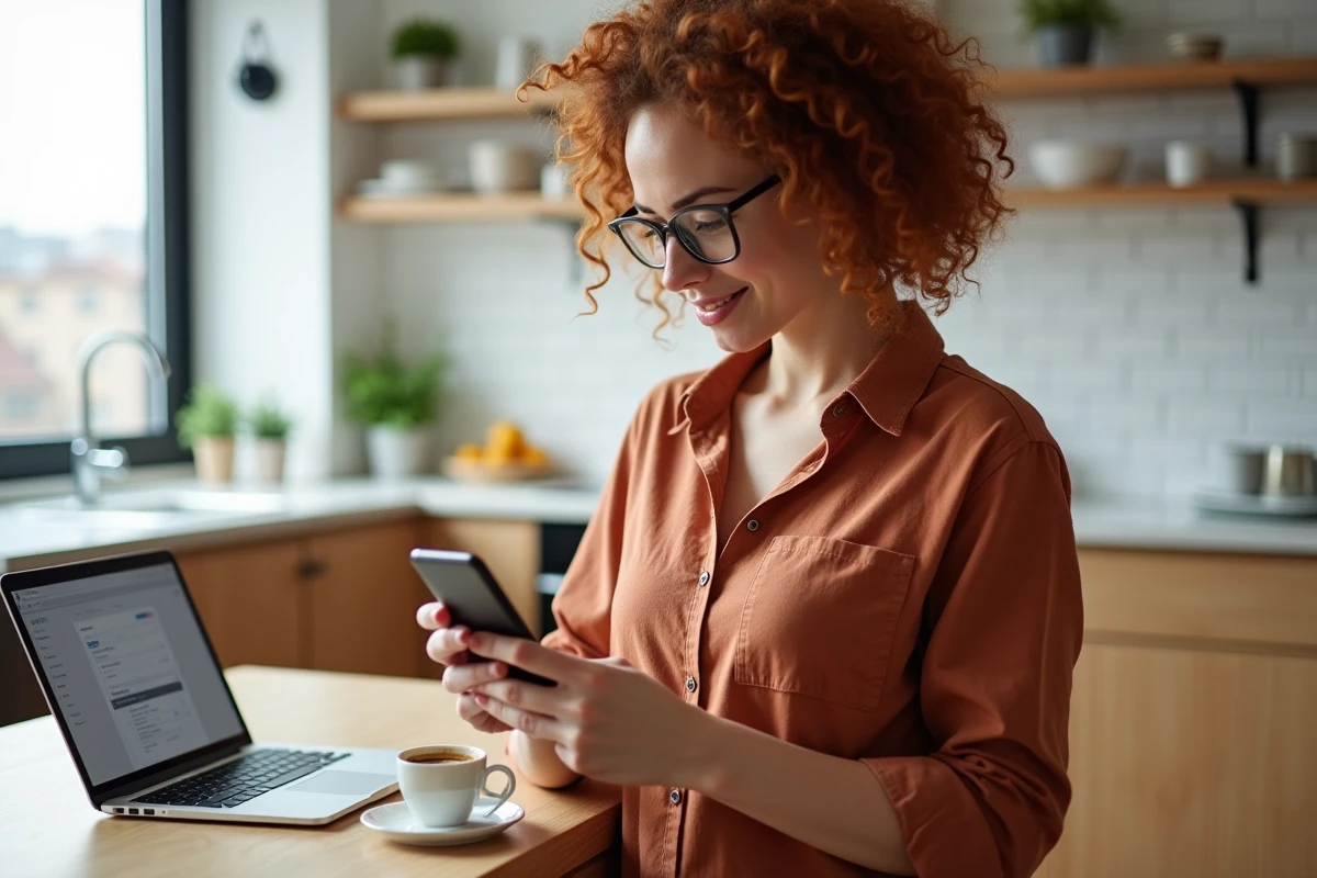 Jeune femme choisissant un plan tarifaire ChatGPT 5 sur son smartphone dans une cuisine moderne