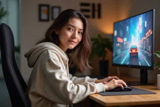 Jeune femme en hoodie jouant avec une souris gaming dans un bureau cosy