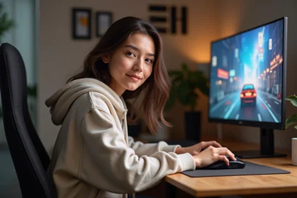 Jeune femme en hoodie jouant avec une souris gaming dans un bureau cosy