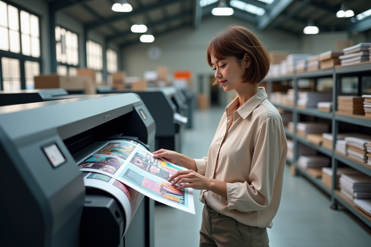 Jeune femme vérifiant une affiche imprimée dans un atelier d