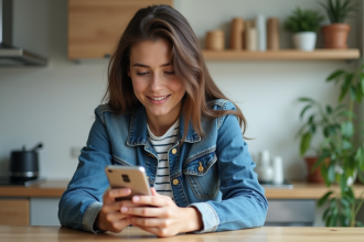 Jeune femme dans la cuisine parlant à son smartphone