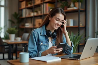 Jeune femme avec casque et smartphone dans un bureau cosy