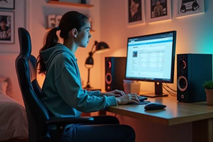 Jeune femme regardant son historique Valorant sur son ordinateur