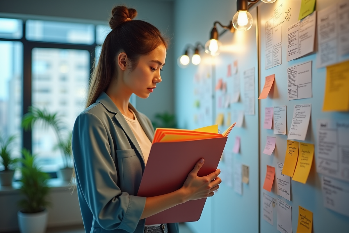 Jeune femme examine des dossiers colorés dans un espace coworking