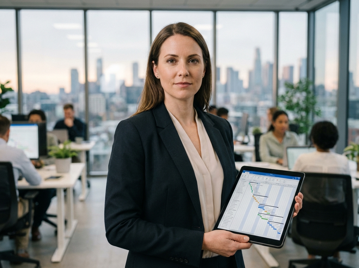 Jeune femme gestionnaire avec tablette dans espace de travail