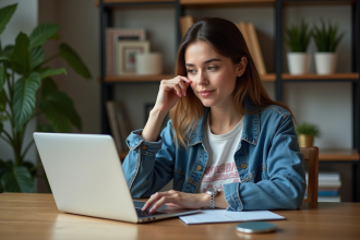 Jeune femme en bureau moderne compare réseaux sociaux