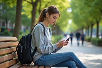 Jeune femme assise dans un parc urbain avec smartphone