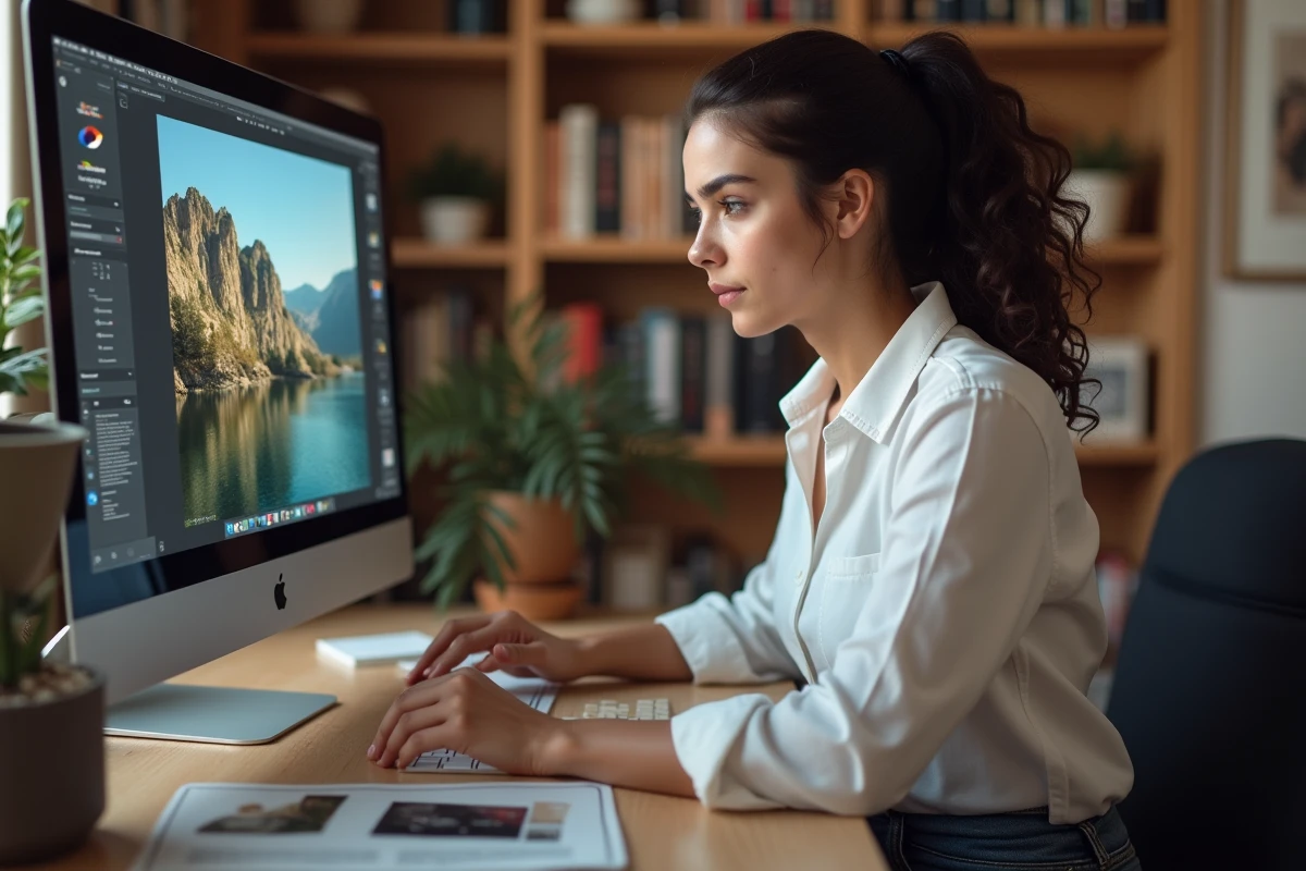 Jeune femme concentrée ajustant une image sur son ordinateur à la maison