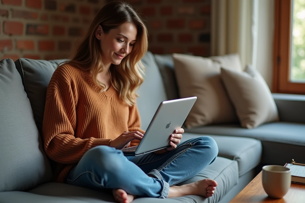 Jeune femme vérifiant le nombre de signes d'un texte sur tablette depuis son canapé