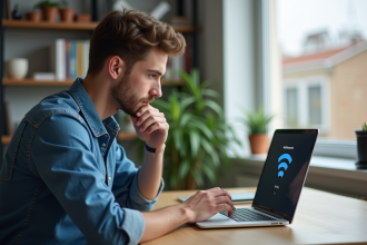 Jeune homme en bureau moderne vérifiant ses paramètres WiFi