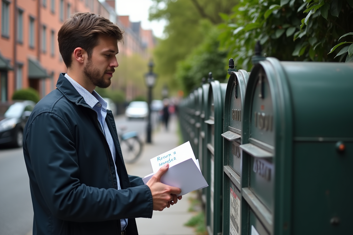 Jeune homme dépose des lettres dans une boîte aux lettres urbaine