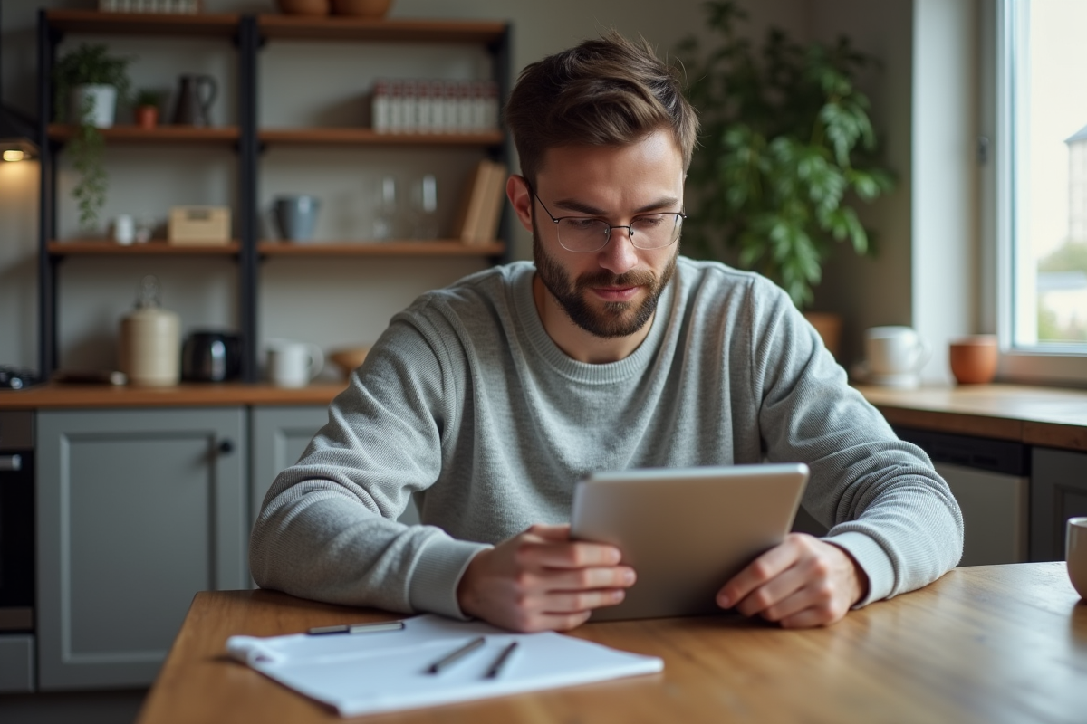Jeune homme en sweater encryptant un PDF à la maison
