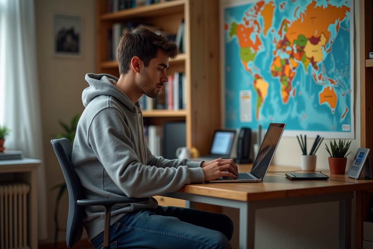 Jeune homme en hoodie utilisant un ordinateur dans un appartement