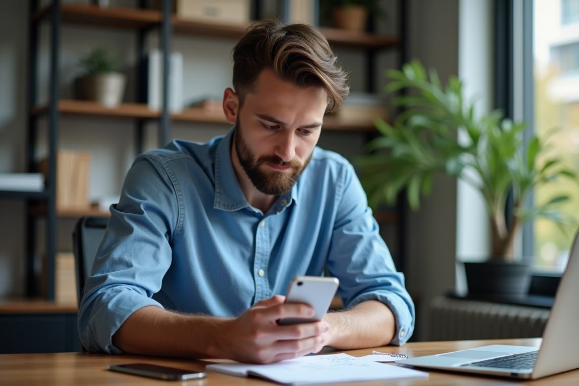 Jeune homme concentré vérifiant son smartphone dans un bureau moderne