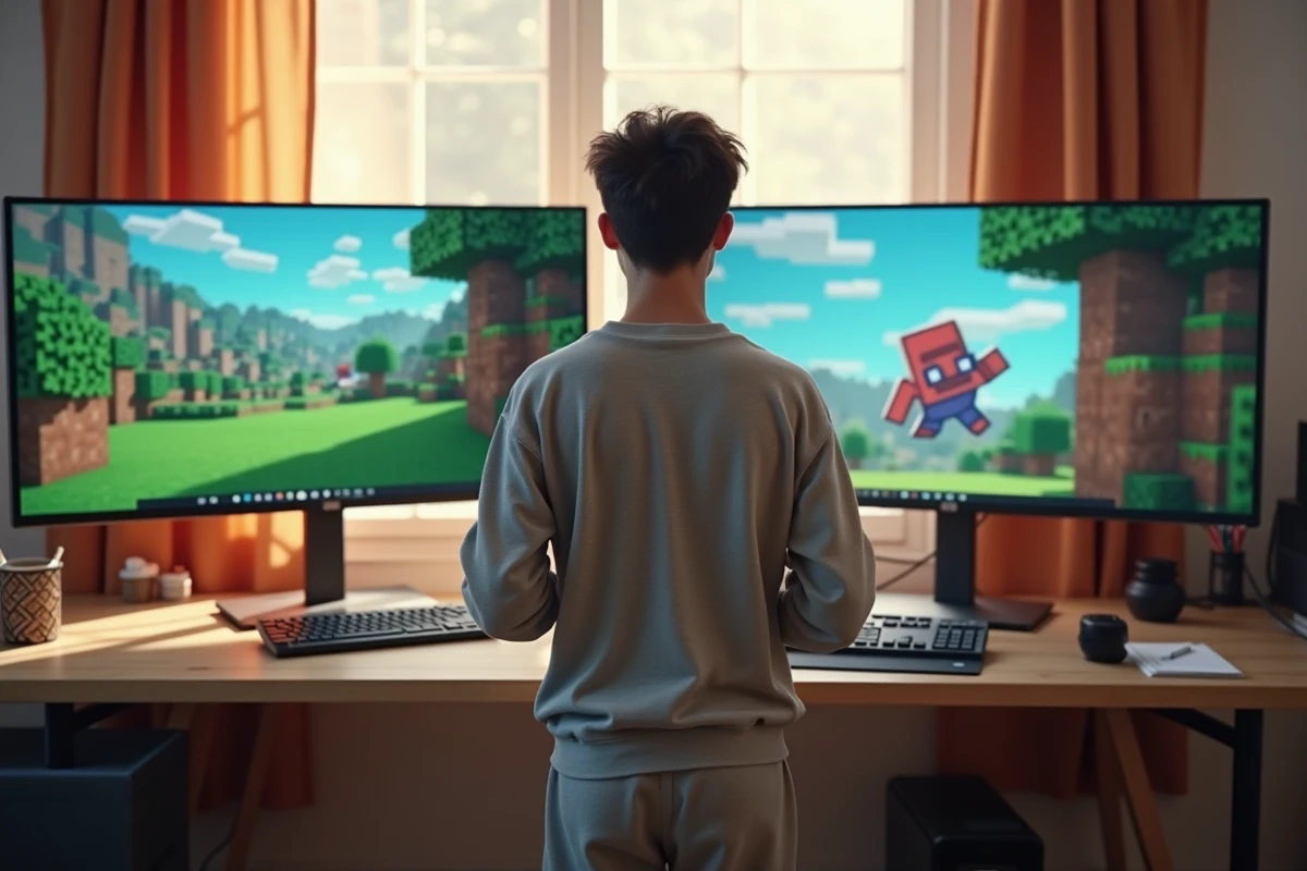 Jeune adulte prenant des notes devant deux écrans de jeu Minecraft Pokémon
