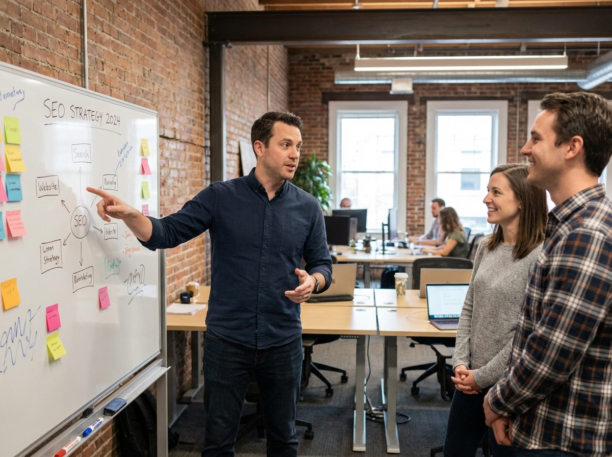Jeune homme expliquant une strategie SEO à ses collègues