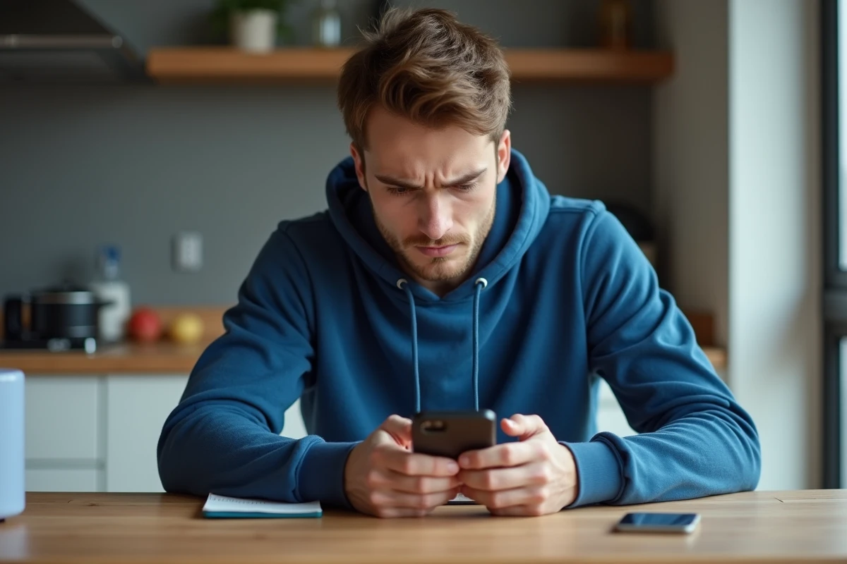 Jeune homme frustré regardant son smartphone à la maison