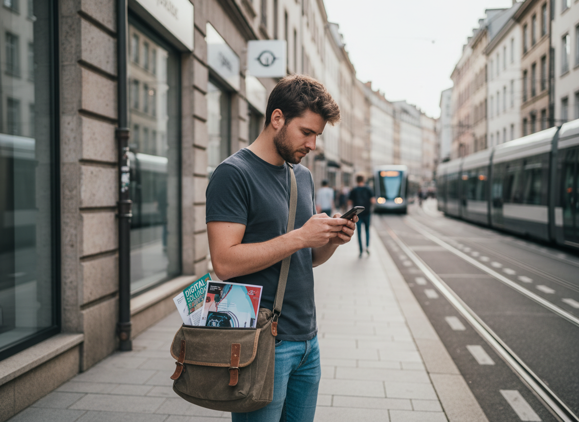 Jeune homme regardant son smartphone devant un immeuble strasbourgeois