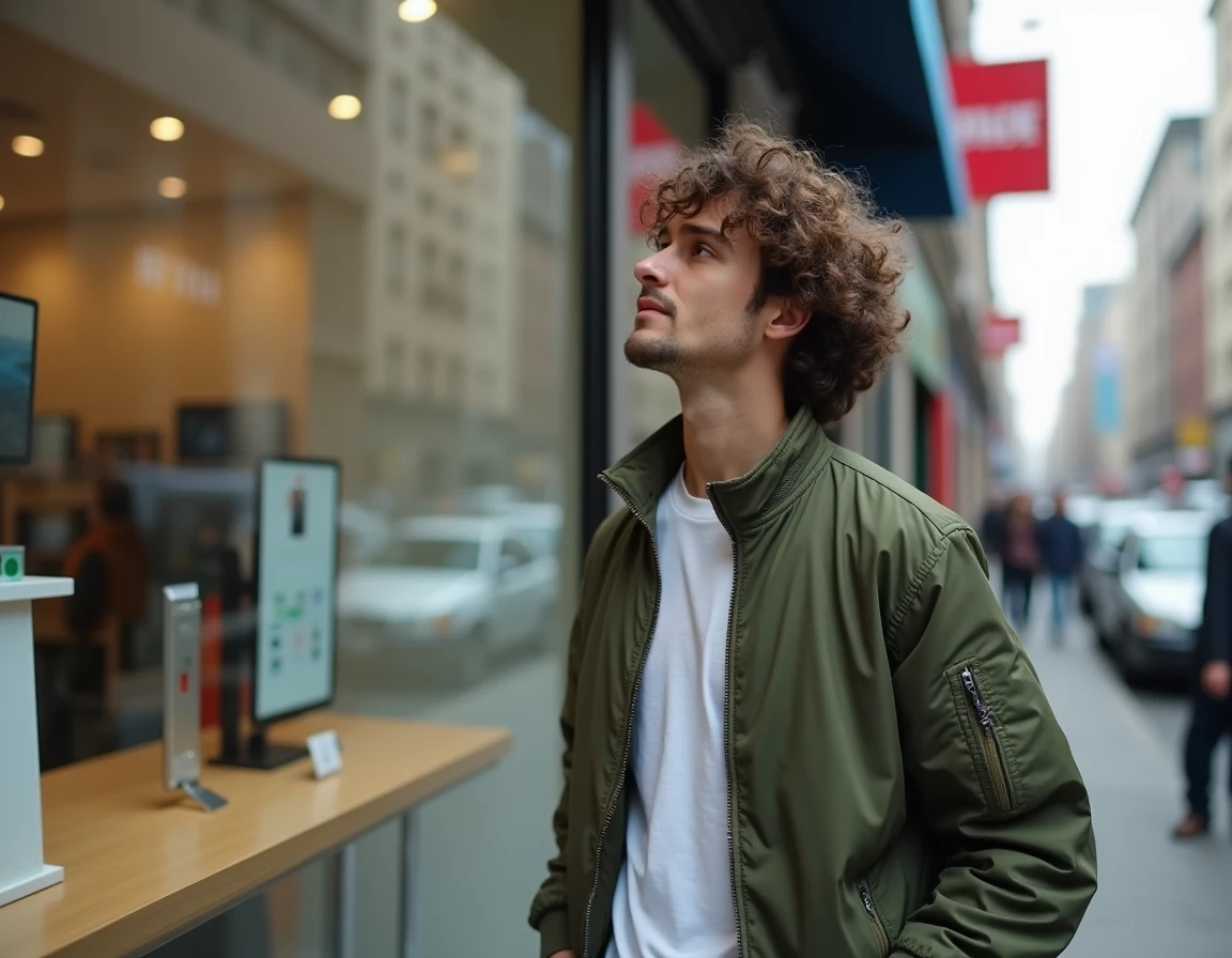 Jeune homme devant une vitrine de magasin regardant les nouveaux modèles d'iPhone disponibles en 2026
