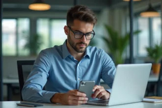 Jeune homme professionnel utilisant WhatsApp Web au bureau