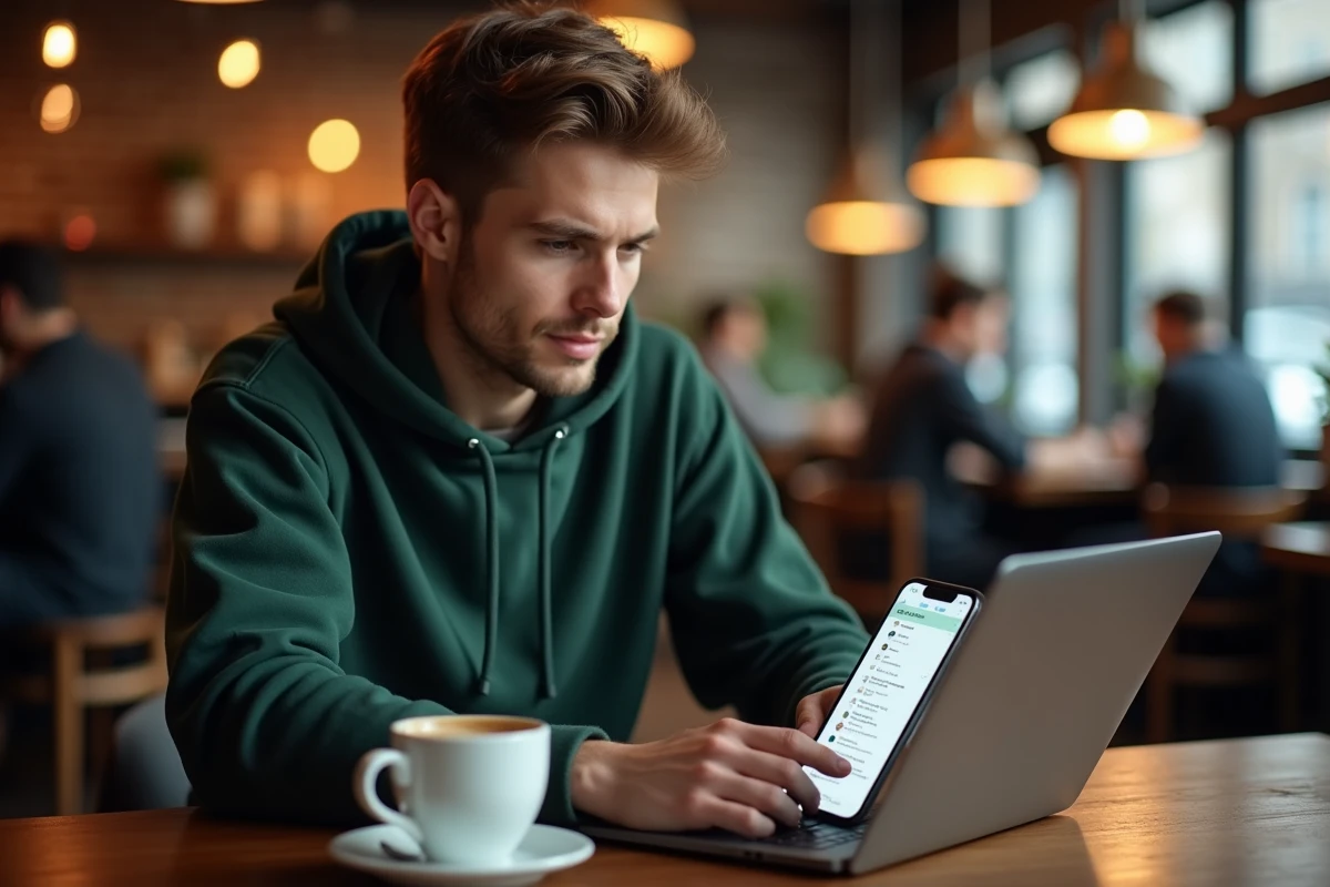 Jeune professionnel organisant ses emails sur smartphone dans un café urbain avec une tasse de café