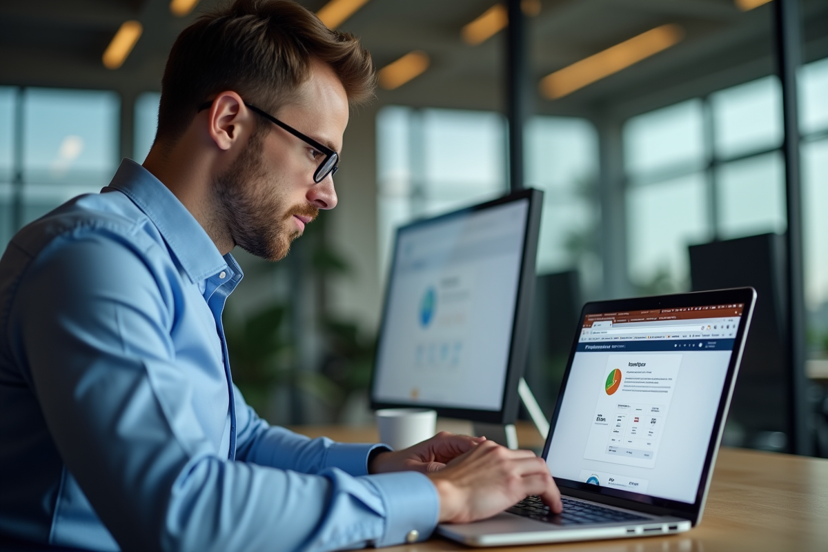 Jeune homme concentré analysant des outils SEO sur son ordinateur