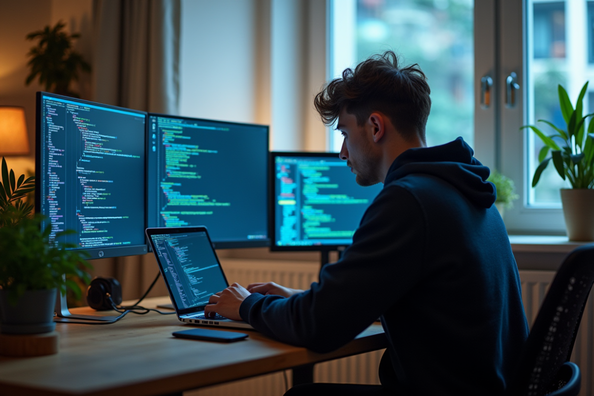 Jeune programmeur au bureau lumineux avec code et smartphone