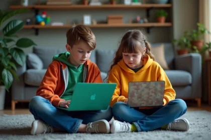 Adolescents en hoodie Minecraft comparant des laptops dans un salon